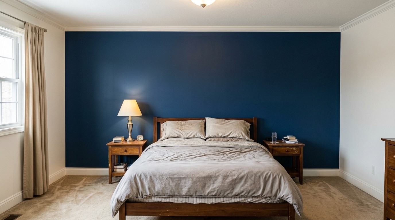 Bedroom after a fresh interior repaint, with crisp white walls and a deep navy feature wall